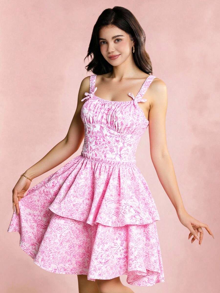 少女法式复古细肩带修身双荷叶边下摆连衣裙，适合度假、派对、春季、假日、夏季、旅行 - 彩色 - 查看 1