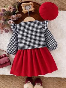 SHEIN Playful Pals 3pcs Baby Girls Plaid Flutter Sleeve Cardigan, Sleeveless Dress & Hat Set, Fashion Children Outfit For Spring/Autumn Baby Girl Christmas Outfit Christmas Baby Girl Dresses Toddler Red And White Dress 2pcs Set Toddler Girls Baby Girl Spring Fall Outfit Princess Halloween Party Set - Red - View 2