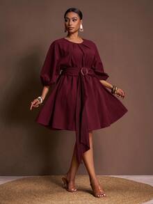 Veslaya 春夏初秋新款优雅通勤、约会、毕业典礼、生日派对宽松灯笼袖抽绳腰褶皱A字连衣裙，大码酒红色 - 酒紅色 - 查看 6