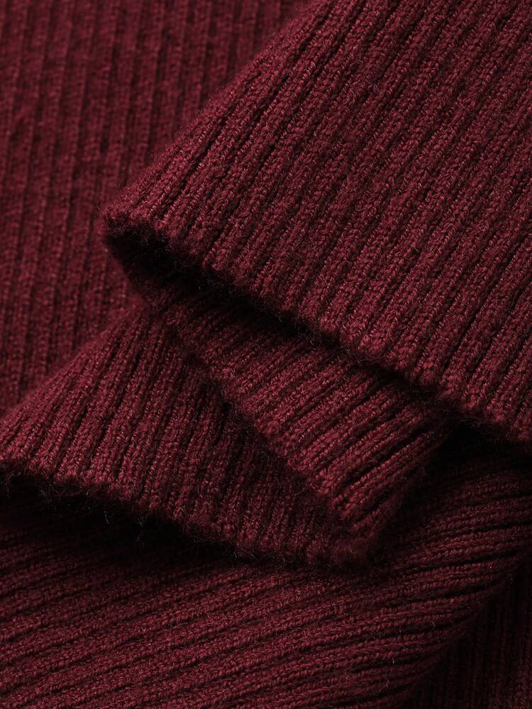 Women's Fitted Waist Midi Sweater Dress With Collar, Wine Red,New Year