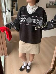 Dazy Plus Suéter de Navidad con escote en V, estampado jacquard de retazos de colores contrastantes para mujer talla grande, otoño/invierno, Año Nuevo - Negro - Ver 8