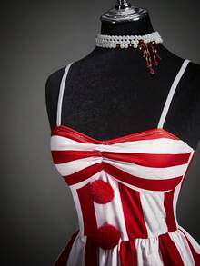 SHEIN ICON 万圣节角色扮演白色和红色派对性感小丑服装不对称下摆泡泡袖A字吊带背心裙，红白拼色 - 紅白色 - 查看 12