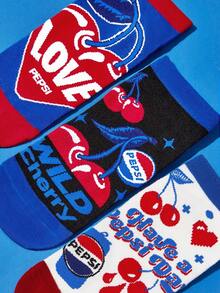 PEPSI X SHEIN 3 đôi tất cổ ngắn màu trắng và đen mềm mại, thoáng khí, thấm hút mồ hôi, họa tiết anh đào, thời trang và dễ thương, mũi và gót được gia cố, bền chắc, phù hợp cho cả nam và nữ, mọi mùa, mùa hè, mùa đông - Nhiều màu - Xem 3