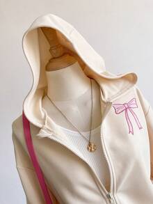 Sweetra Young 1 件女童拉链连帽夹克，长袖，抽绳腰部，背部和袖子上有蝴蝶刺绣图案 - 杏色 - 查看 3