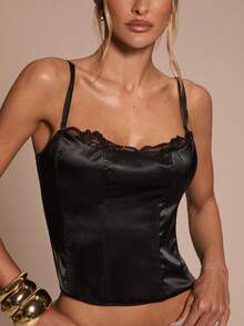 SHEIN BAE Corset cu bretele detașabile din dantelă satinată neagră pentru femei, toamnă și iarnă, corset negru, costum de Halloween, Crăciun, Anul Nou, petrecere, corset sexy, costum sexy pentru femei, club sexy pentru femei, ieșire în oraș