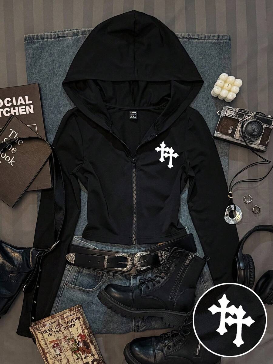 SHEIN EZwear Damen Einfarbiger Figurbetonter Kapuzen-T-Shirt, Herbst