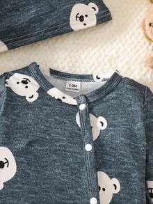 SHEIN 2pcs/Set Newborn Baby Unisex Cartoon Bear Print Long Sleeve Jumpsuit With Hat, Suitable For Daily Wear, Birthday Party, Photography In Spring, Summer, Autumn, Winter - Navy Blue - View 4