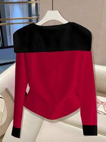 Franclia Women's Elegant Casual Contrast Color Button Front Long Sleeve T-Shirt, Autumn - Red - View 2