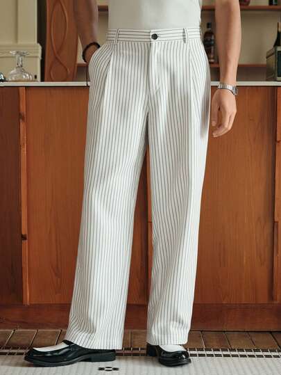 SWAVVY Men's Striped Print Fold Pleated Business Casual Dress Pants