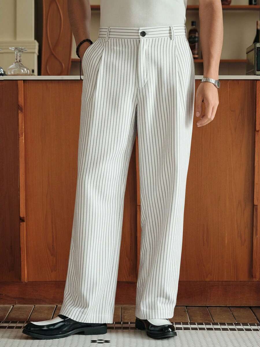 SWAVVY 男士条纹印花褶皱商务休闲正装裤 - 白色 - 查看 1