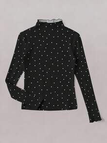 SHEIN EZwear 1 件女式加大码白色波尔卡圆点印花卷边袖口和领口休闲 T 恤，秋冬 T 恤，黑色 T 恤 - 彩色 - 查看 3