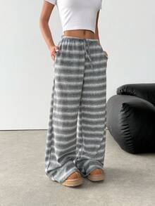 SHEIN Quần ống rộng dáng rộng in họa tiết sọc, có dây rút, túi bên hông, thoải mái khi đi làm hàng ngày cho bé gái tuổi teen - Xám - Xem 1