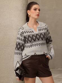Mulvari Women's Casual Vacation Style Fair Isle Pattern V-Neck Loose Pullover Sweater, Autumn/Winter - Multicolor - View 6