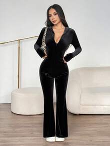 SHEIN PETITE 休閒極簡純色天鵝絨修身連身褲，適合秋冬季，小個女款 - 黑色 - 查看 7