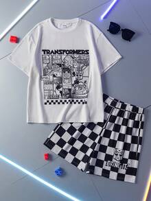 Transformers X SHEIN 青少年男孩夏季休闲机器人印花圆领短袖T恤和格纹短裤 - 彩色 - 查看 1