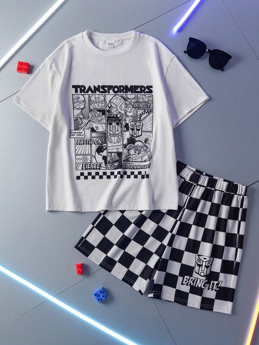 Transformers X SHEIN 青少年男孩夏季休闲机器人印花圆领短袖T恤和格纹短裤 - 彩色 - 查看 1