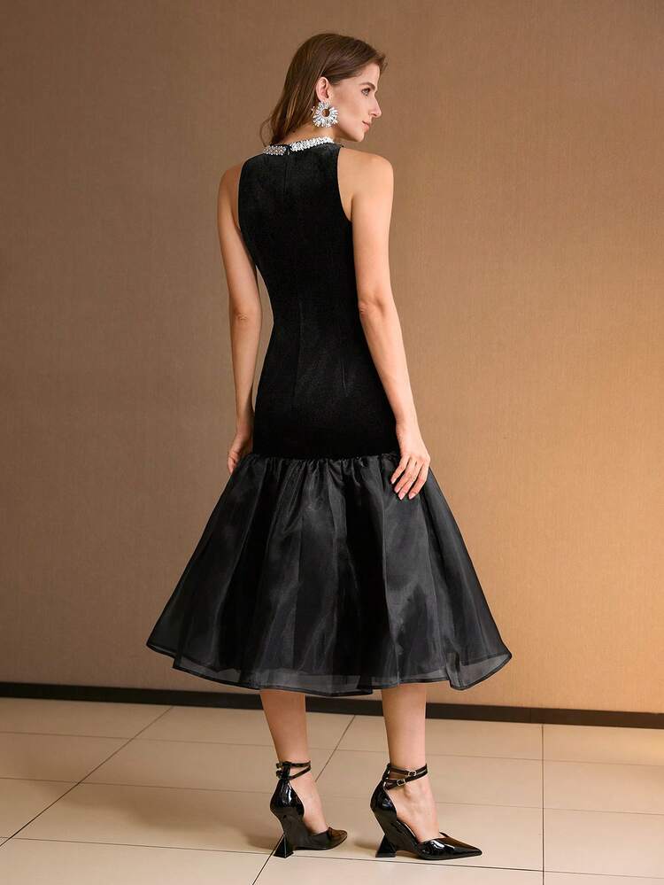 WOMEN'S VELVET SLEEVELESS PATCHWORK MERMAID HEM CHIC DRESS, AUTUMN/WINTER Motf