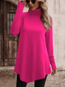 EMERY ROSE 高领不对称下摆休闲长袖T恤 - 玫紅色 - 查看 3