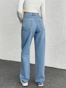 EURMUSE 100% Cotton Women High-Waist Straight Washed Denim Casual Pants - Light Wash - View 2