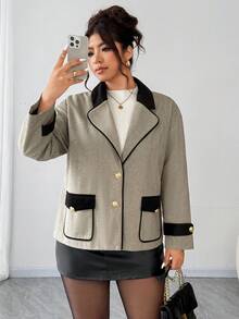 SHEIN Elenzya Plus Size Lapel Patchwork Button Up Loose Long Sleeve Coat For Women, Autumn/Winter - Brown - View 1