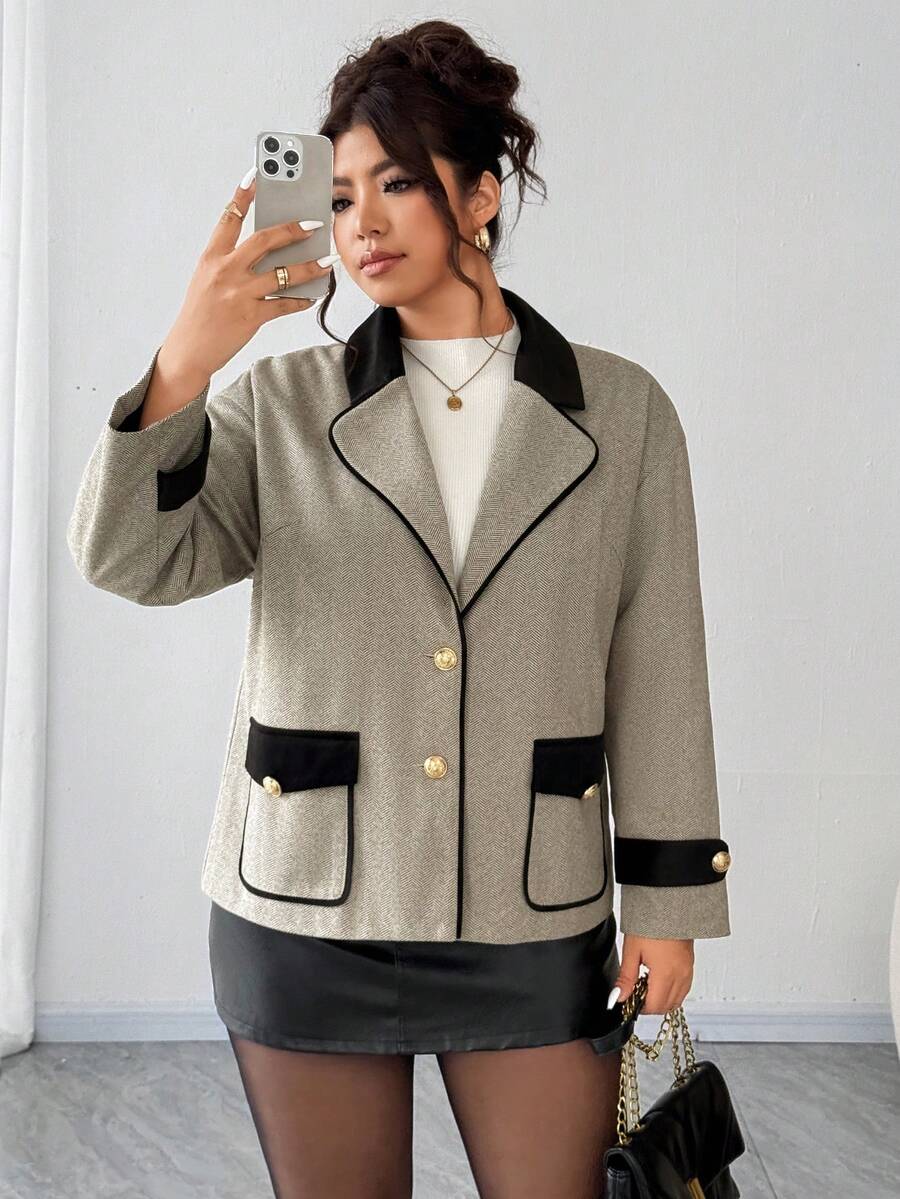 SHEIN Elenzya Plus Size Lapel Patchwork Button Up Loose Long Sleeve Coat For Women, Autumn/Winter - Brown - View 1