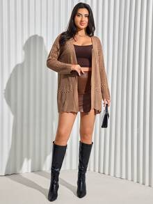 EURMUSE Plus Size Solid Color Hollow Out Knit Cardigan, Casual For Autumn - Mocha Brown - View 3
