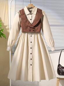 SHEIN 2 件套青少年女孩套装，翻领无袖夹克背心 + 翻领长袖开衫衬衫连衣裙，秋季休闲通勤连衣裙 - 杏色 - 查看 1