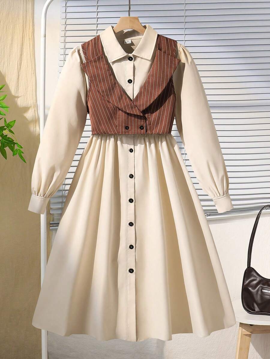 SHEIN 2 件套青少年女孩套装，翻领无袖夹克背心 + 翻领长袖开衫衬衫连衣裙，秋季休闲通勤连衣裙 - 杏色 - 查看 1