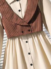 SHEIN 2 件套青少年女孩套装，翻领无袖夹克背心 + 翻领长袖开衫衬衫连衣裙，秋季休闲通勤连衣裙 - 杏色 - 查看 6