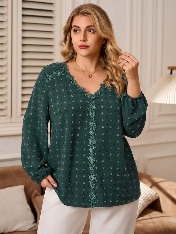 Plus Size Elegant Commuter Polka Dot Textured Green Shirt, Autumn/Winter,2025 New