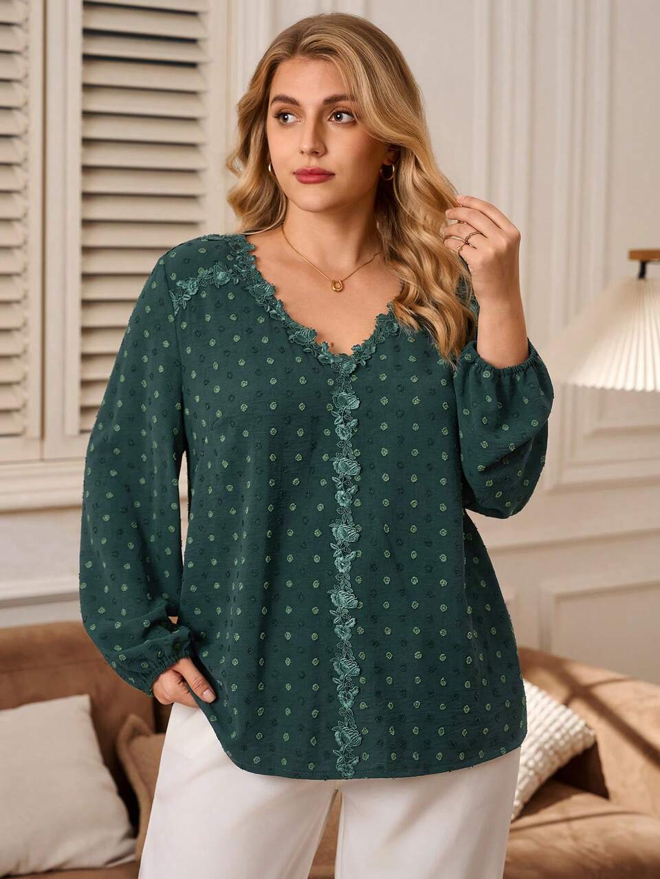 Plus Size Elegant Commuter Polka Dot Textured Green Shirt, Autumn/Winter,2025 New