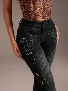 SHEIN EZwear Women's Fashion Commuter Casual Rhinestone Embellished Jeans - Blue - View 3