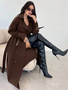 Firerie Women's Khaki Lapel Faux Leather Sleeve Cinched Waist Double-Breasted Mid-Length Trench Coat, Long Sleeve Windbreaker, Spring/Autumn/Winter Clothing, Commuting, Elegant, Everyday, Work Wear,Women's Winter Clothes - Chocolate Brown - View 3