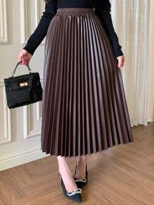 DAZY Women's Fashionable Elegant Waist Elastic Pleated PU Leather Skirt