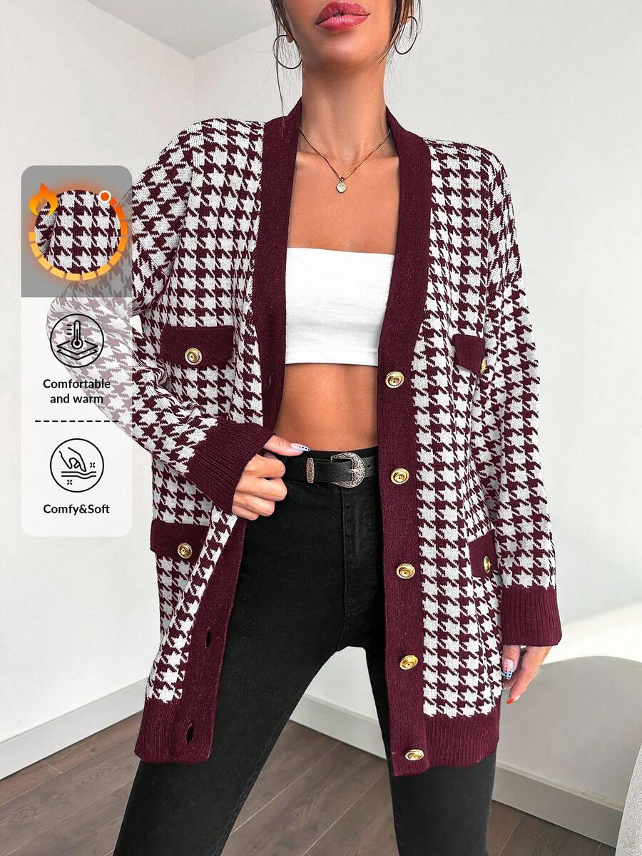 SHEIN Cottnline Women's V-Neck Long Sleeve Button Down Cardigan With Houndstooth Print - Maroon - View 1