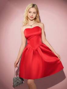 Teenager Mädchen Lässig Elegant Urlaubskleid, rotes trägerloses Kleid mit Schleife am Bustier, figurbetonter enger Schnitt, Mini-Rock, geeignet für Halloween, Herbst/Winter