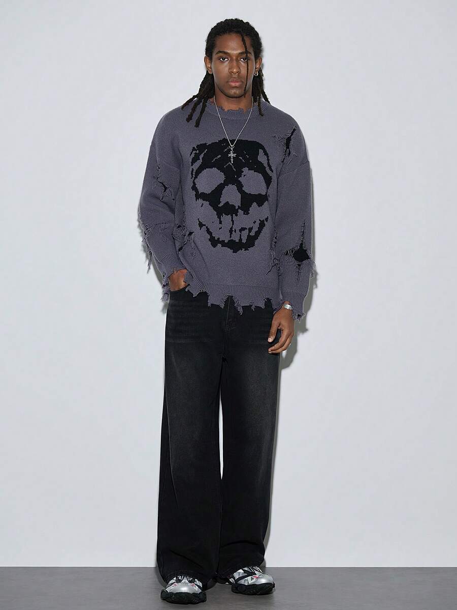 Modcrash ANDREILEE Men Skull Graphic Distressed Fringes Crew Neck Casual Sweater, Emo, For Halloween - Grey - View 1