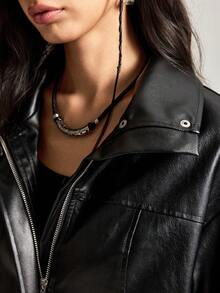 Easelle Women's Fashionable Short Faux Fur Coat, Black And White, Black PU Patchwork Fur Collar Coat, Autumn And Winter Black 2025