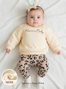 Cozy Pixies 新生男婴/女婴字母印花柔软针织圆领长袖连帽衫和豹纹松紧腰裤两件套 - 杏色 - 查看 3