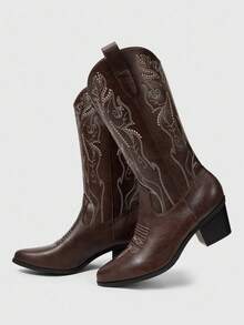 ROMWE Fairycore Women's Cowboy Boots, New Spring/Autumn Mori Style Brown Pointed Toe Embroidered Western Boots