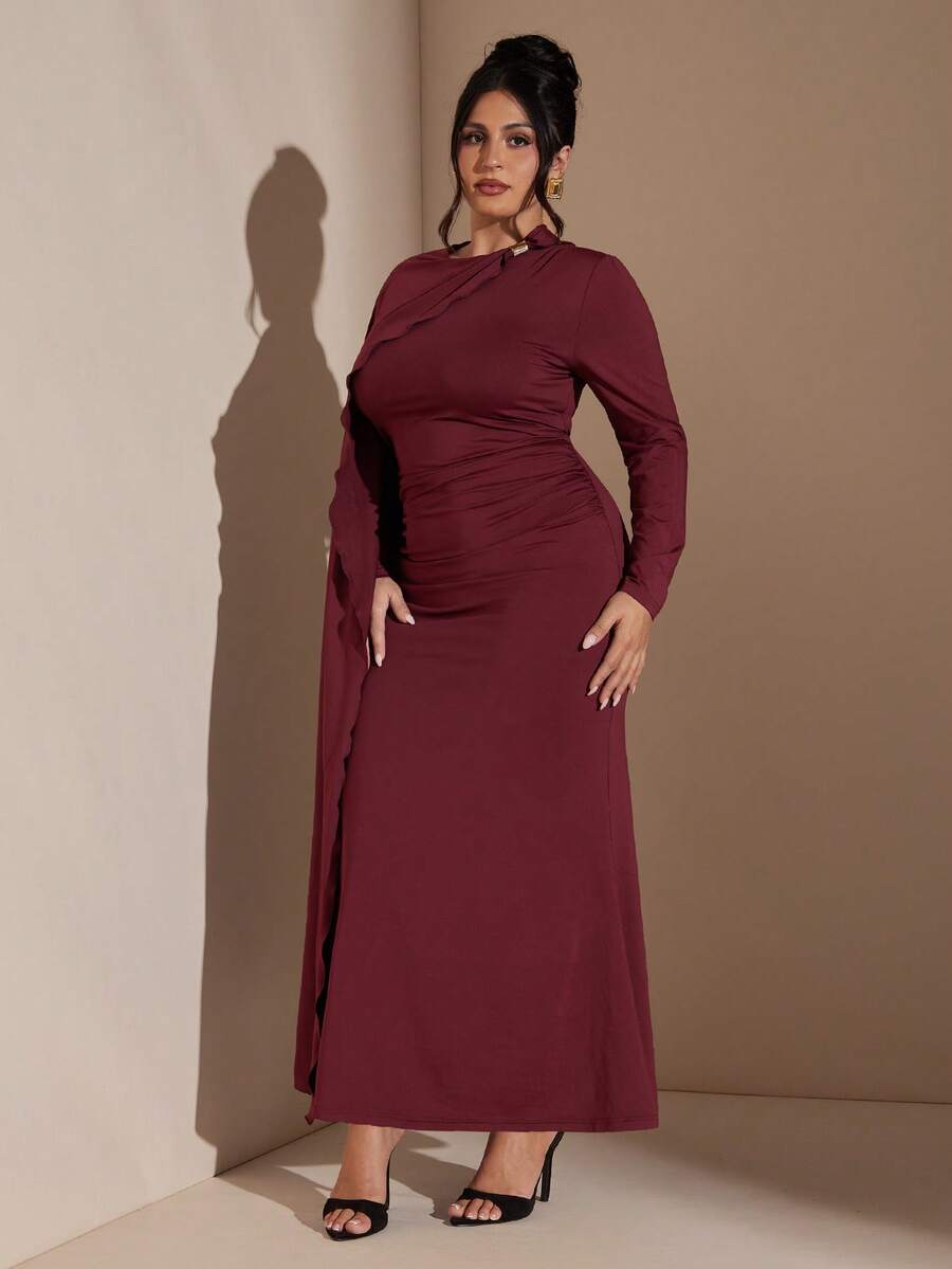SHEIN BAE Plus Size Women's Elegant, Burgundy Autumn Formal Party Dress,Cape Sleeves Asymmetrical Pleated Hem,Side Slit Ruched Curvy Tight Solid Color Dress - Burgundy - View 1