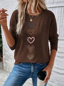 EMERY ROSE Áo thun nữ tay dài cổ tròn trễ vai in hình trái tim, áo thun họa tiết mùa thu cho nữ mùa xuân - xanh quân đội - Xem 6