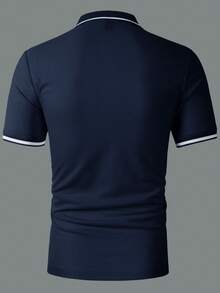 Manfinity Homme 男士對比色半開襟修身短袖休閒夏季 Polo 衫，正式 Polo 衫 - 寶藍色 - 查看 2