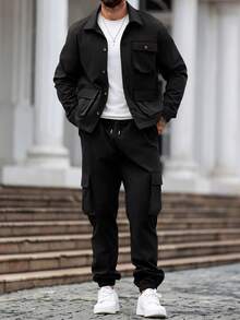 Manfinity Homme Men's Casual Solid Color Long Sleeve Utility Shirt & Pants Set, Fall Clothes - Black - View 3