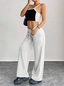 SHEIN PETITE 舒适休闲纯色针织低腰阔腿女式运动裤 - 灰色 - 查看 6