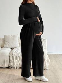 SHEIN Bộ đồ liền thân ống rộng cổ đứng đơn giản màu trơn dành cho bà bầu, mặc hàng ngày, đi làm, mùa thu - màu đen - Xem 3