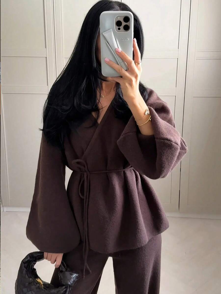 Siren Gaze 新款秋冬棕色女士开衫，时尚休闲纯色系带宽松开衫，秋季女士毛衣，保暖毛衣，绒面毛衣 - 棕色 - 查看 1