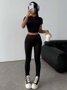 SHEIN Teen Girls' Casual Sports Style Letter Print High Waist Thermal Lined Warm Leggings, Autumn/Winter - Black - View 3