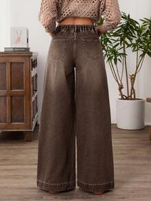 EMERY ROSE Plus Size Casual Everyday Washed Button Fly Wide Leg Jeans, Autumn - Coffee Brown - View 4