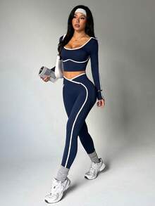 Dewbera 无缝高弹力瑜伽健身女士运动交叉腰撞色套装 - 藏蓝色 - 查看 4